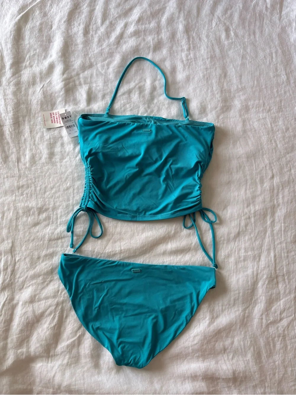 Roxy Bandeau Bikini Set NWT Large Turquoise Adjustable Swim Set Beach Resort